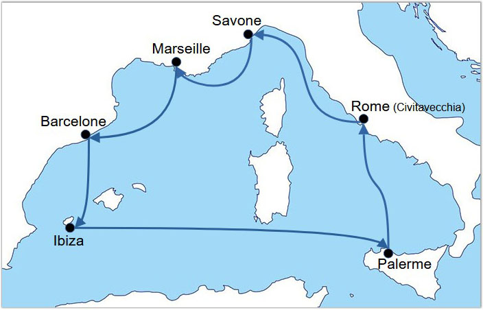 Balades Nieul Loisirs - Croisière en Méditerranée (06/2025) : carte de l'itinéraire